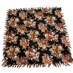VINTAGE FLORAL WOOL BROWN & CREAM COTTAGECORE LRG SCARF W FRINGE EDGES 45" X 45"